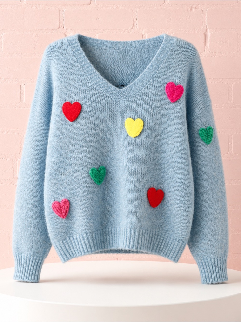 NWT JS Millenium Blue V-Neck Sweater Multicolor Crochet Hearts One Size